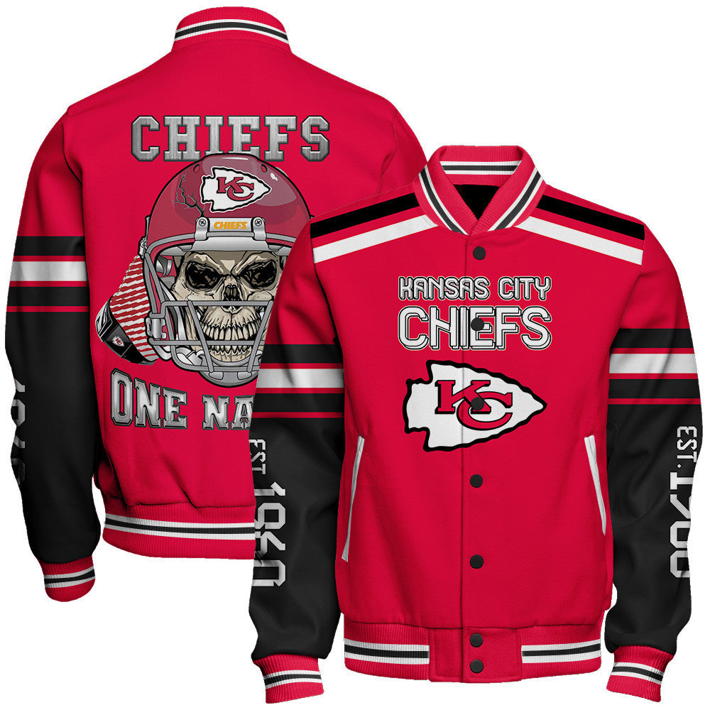 Kansas City Chiefs Skull And Gloves Pattern Varsity Jacket - All-Over-Printed Jacket