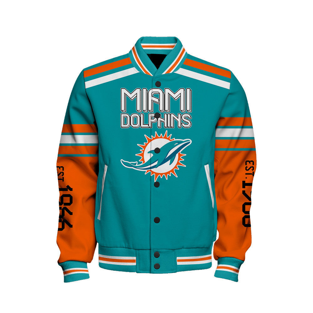 Miami Dolphins Skull And Gloves Pattern Varsity Jacket - All-Over-Printed Jacket