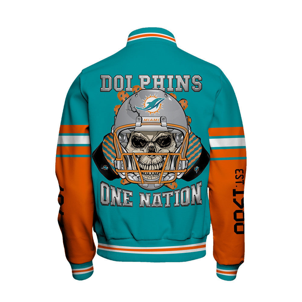 Miami Dolphins Skull And Gloves Pattern Varsity Jacket - All-Over-Printed Jacket