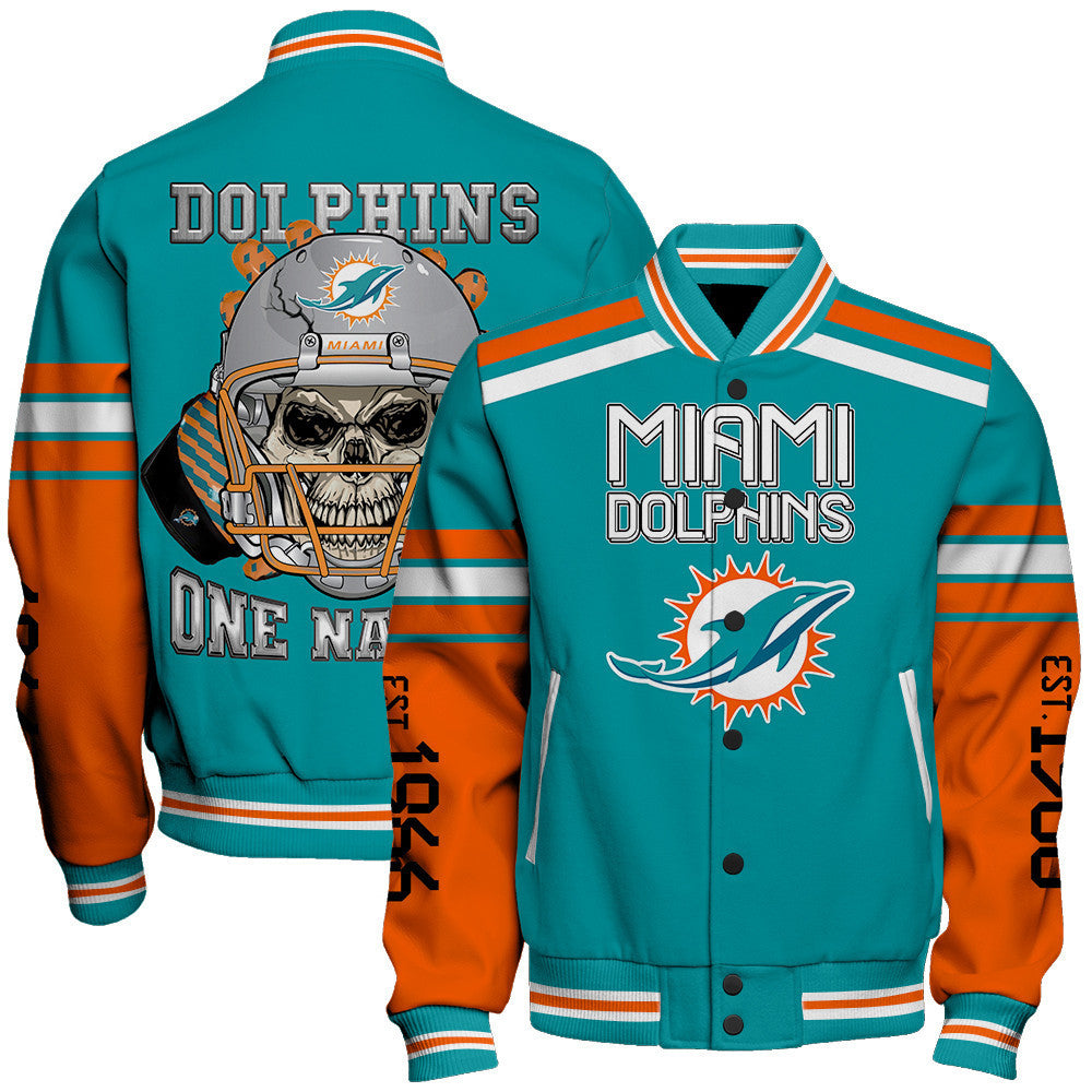 Miami Dolphins Skull And Gloves Pattern Varsity Jacket - All-Over-Printed Jacket