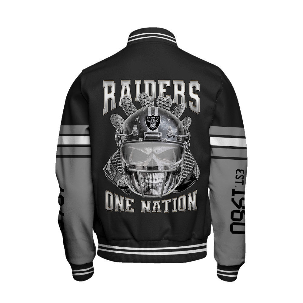 Las Vegas Raiders Skull And Gloves Pattern Varsity Jacket - All-Over-Printed Jacket