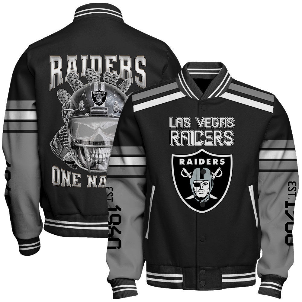 Las Vegas Raiders Skull And Gloves Pattern Varsity Jacket - All-Over-Printed Jacket