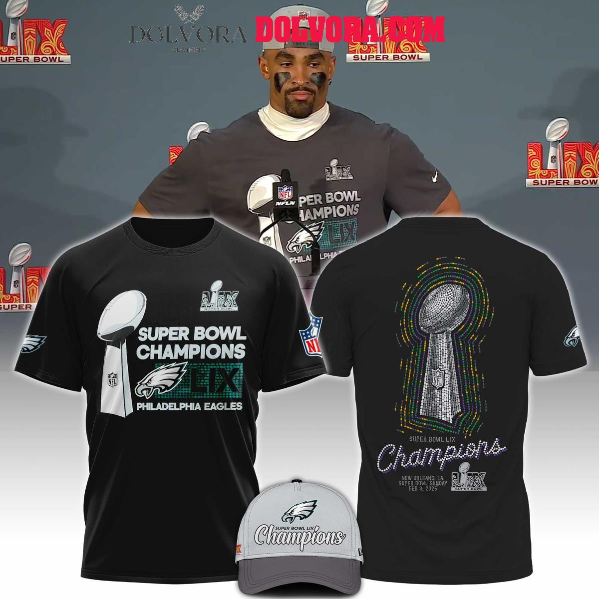 Philadelphia Eagles 2025 Super Bowl LIX Champions Glory Time All Over Printed T-Shirt - Black