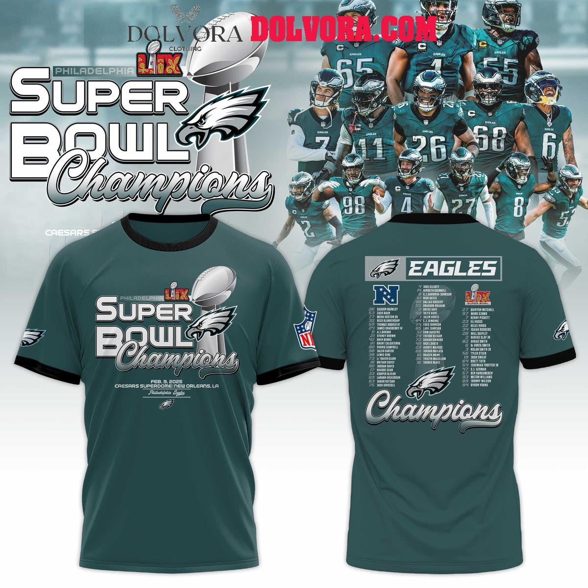 Philadelphia Eagles 2025 Super Bowl Champions LIX Let's Celebrate All Over Printed T-Shirt - Midnight Green