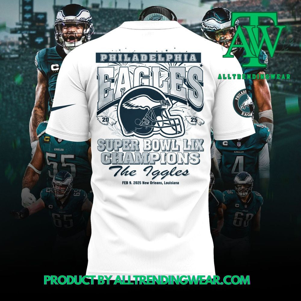 New Philadelphia Eagles 2X Super Bowl 2025 LIX Champions Custom Name & Number All Over Printed T-Shirt - White
