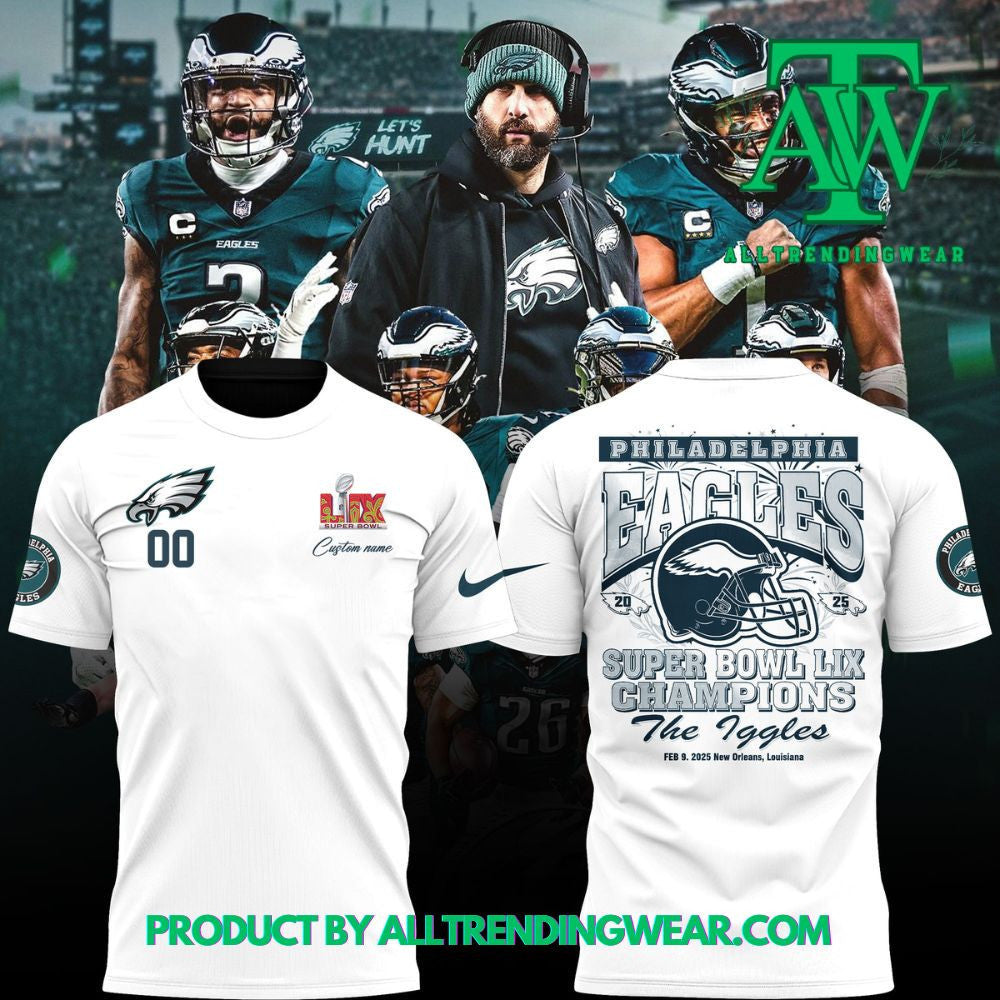 New Philadelphia Eagles 2X Super Bowl 2025 LIX Champions Custom Name & Number All Over Printed T-Shirt - White