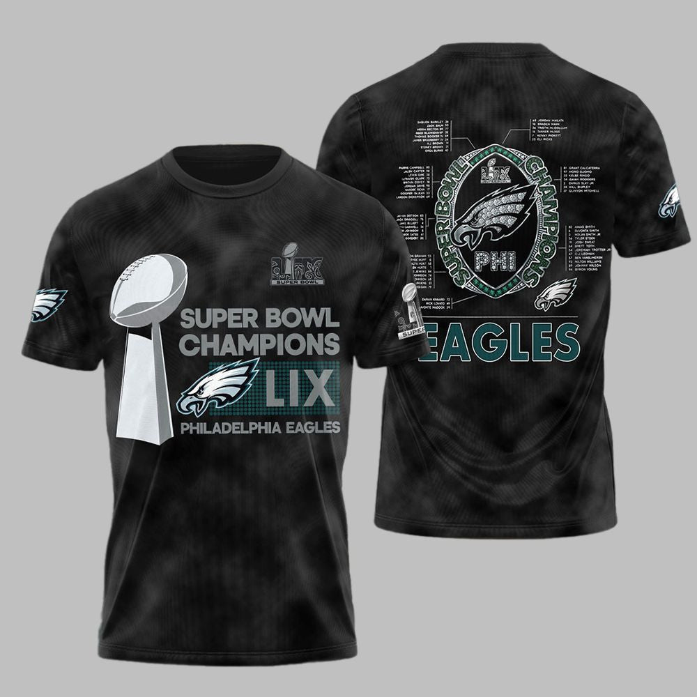 Philadelphia Eagles 2025 Super Bowl LIX Champions Rings All Over Printed T-Shirt - Black