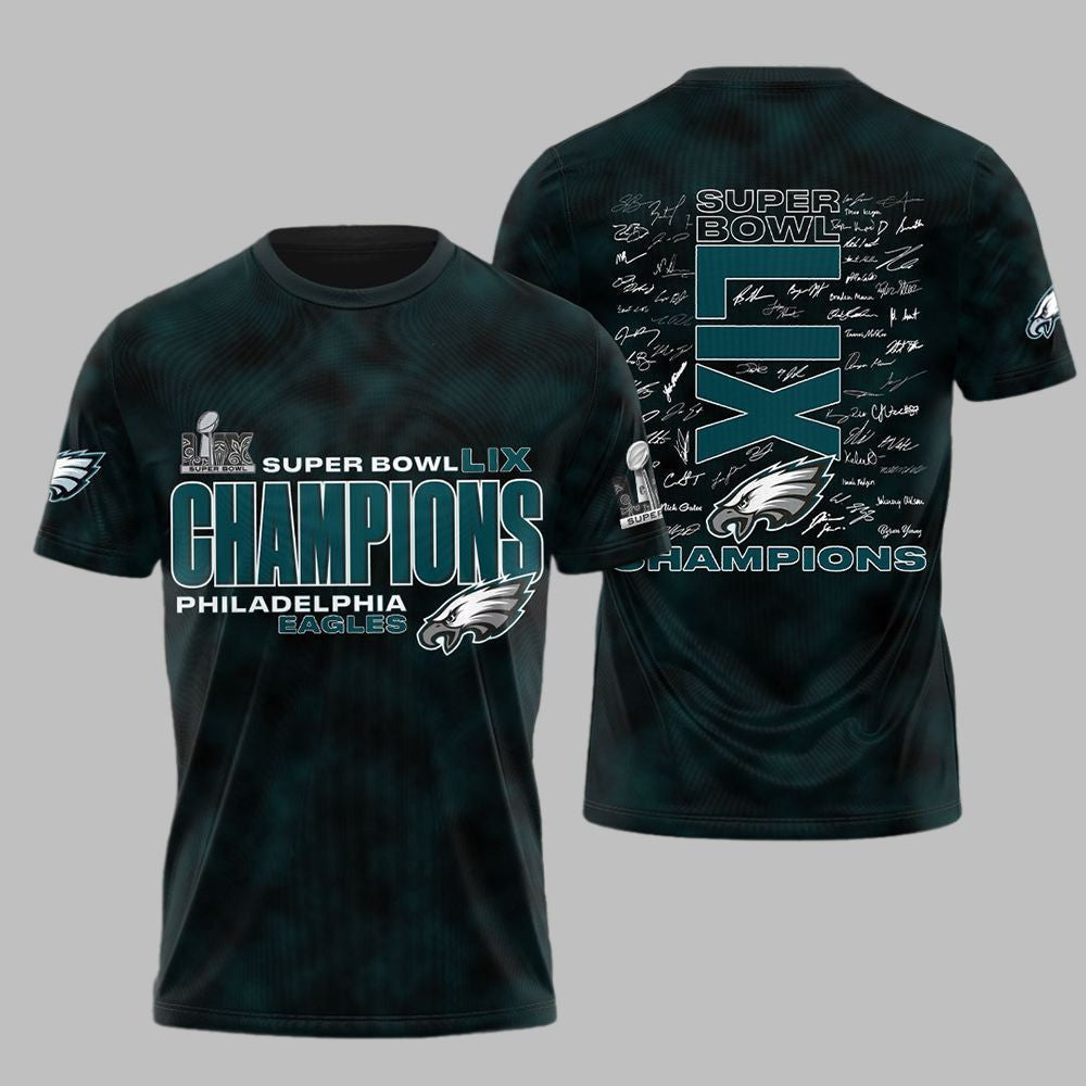 Philadelphia Eagles Super Bowl LIX Champions Eagles Signature All Over Printed T-Shirt - Black