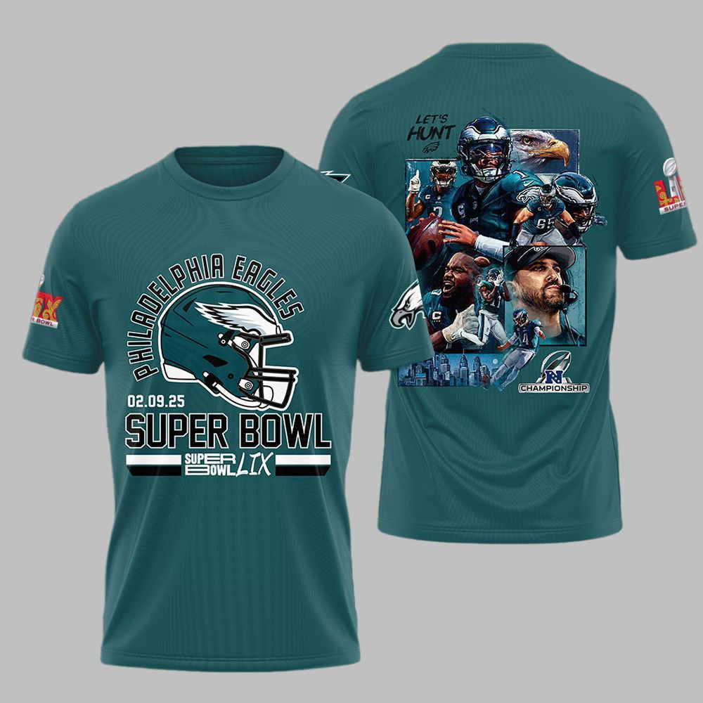 Philadelphia Eagles 02 09 25 Super Bowl LIX Let's Hunt All Over Printed T-Shirt - Midnight Green
