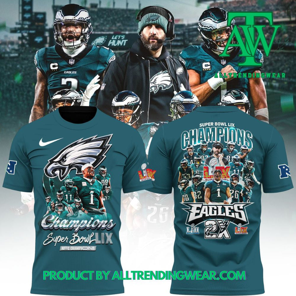 New Philadelphia Eagles Super Bowl 2025 LIX Champions All Over Printed T-Shirt - Midnight Green