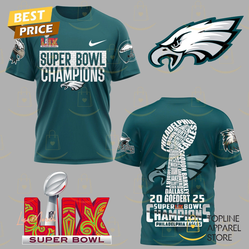 2025 Philadelphia Eagles Champions Super Bowl LIX All Over Printed T-Shirt - Midnight Green