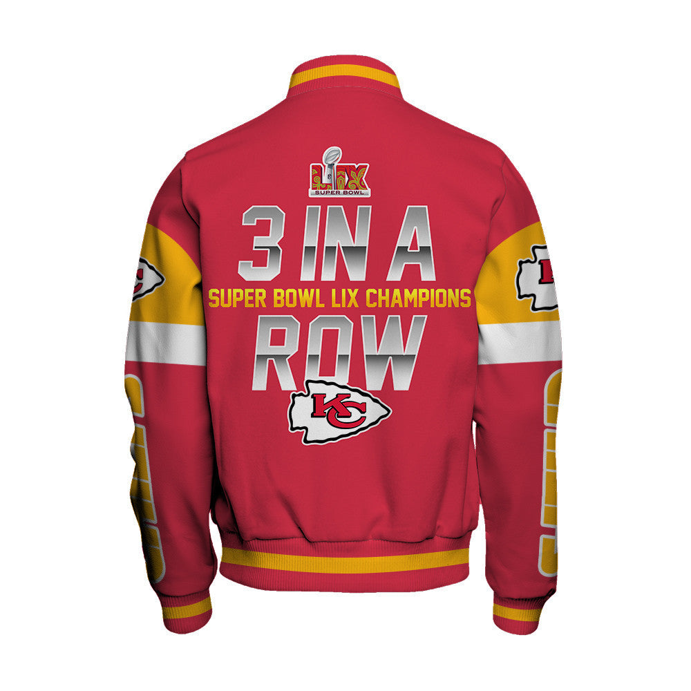 Kansas City Chiefs Super Bowl LIX 3 In A Row Varsity Jacket - All-Over-Printed Jacket