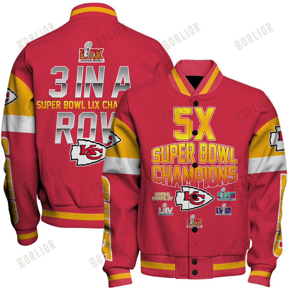 Kansas City Chiefs Super Bowl LIX 3 In A Row Varsity Jacket - All-Over-Printed Jacket