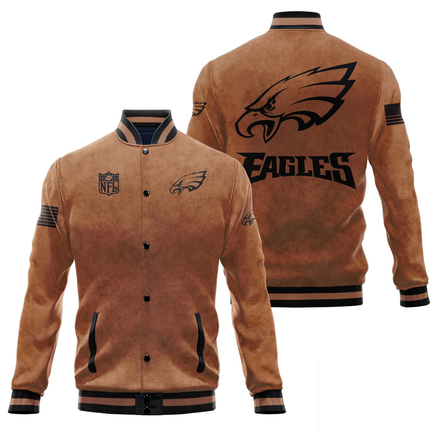 Philadelphia Eagles 2023 Salute To Service Club Baseball Jacket Varsity Jacket - Brown - All-Over-Printed Jacket