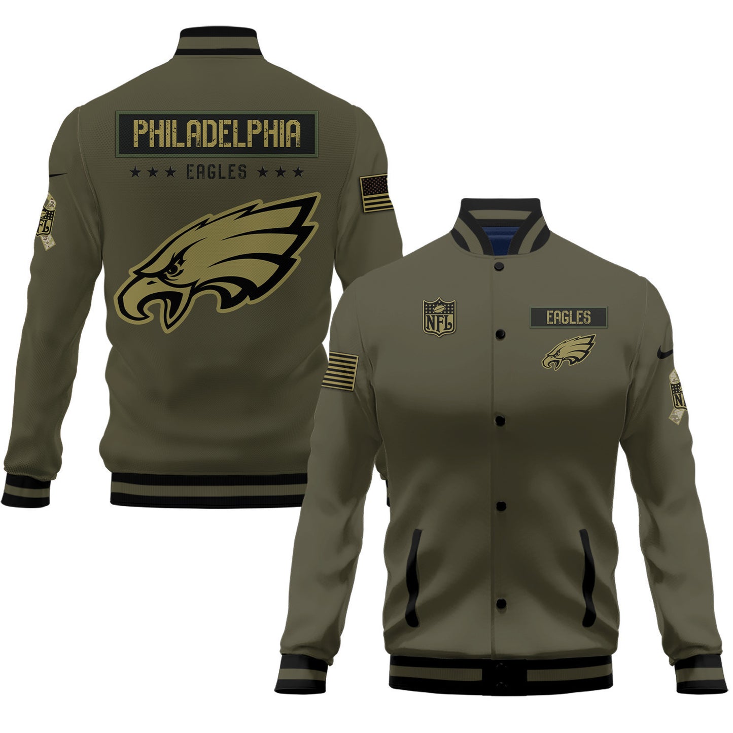 Philadelphia Eagles 2023 Salute To Service Club Baseball Jacket Varsity Jacket - Green - All-Over-Printed Jacket