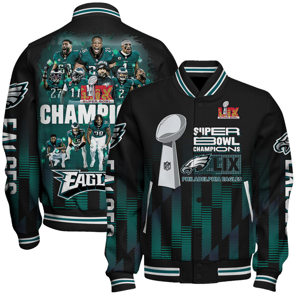 Philadelphia Eagles Super Bowl LIX Champions Own The Historic Moment Varsity Jacket - All-Over-Printed Jacket