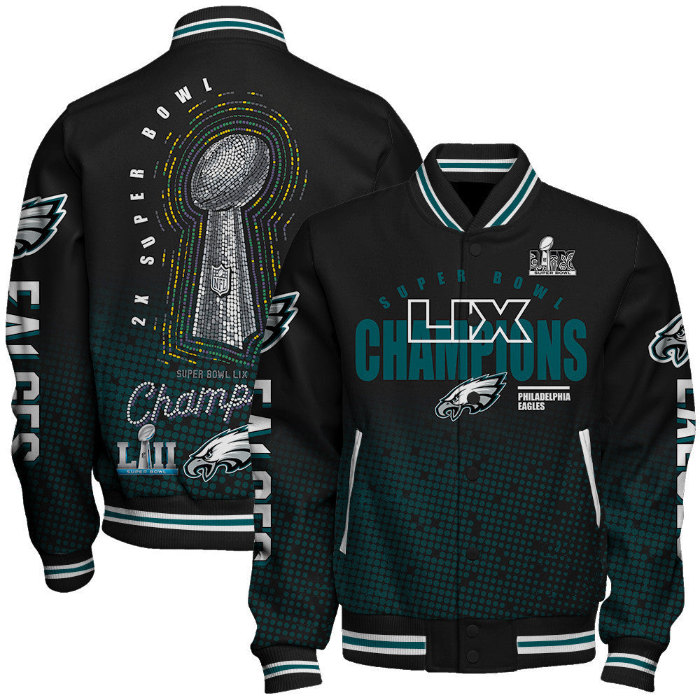 Philadelphia Eagles Super Bowl LIX Champions Symbol Of Victory Varsity Jacket - All-Over-Printed Jacket