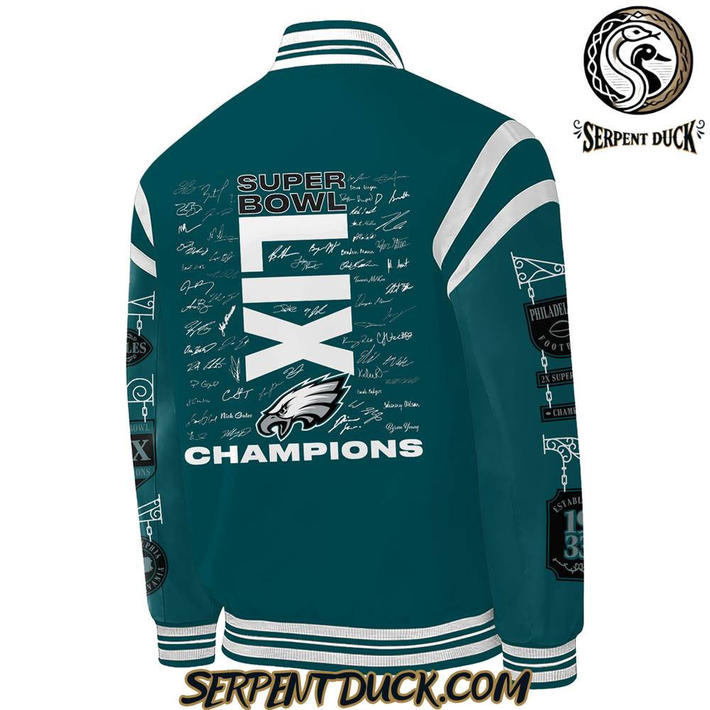 Philadelphia Eagles Champions Super Bowl LIX 2025 Signature All Team Baseball Jacket Varsity Jacket - Midnight Green - All-Over-Printed Jacket