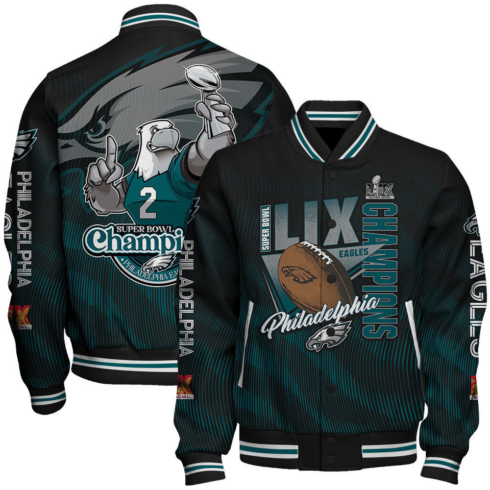 Philadelphia Eagles Super Bowl LIX Champions Green And White Storm Varsity Jacket - All-Over-Printed Jacket
