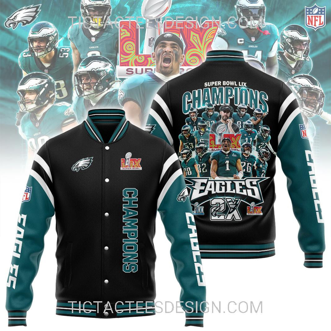 2X Super Bowl LIX Champions Philadelphia Eagles Baseball Jacket Varsity Jacket - Midnight Green/Black - All-Over-Printed Jacket