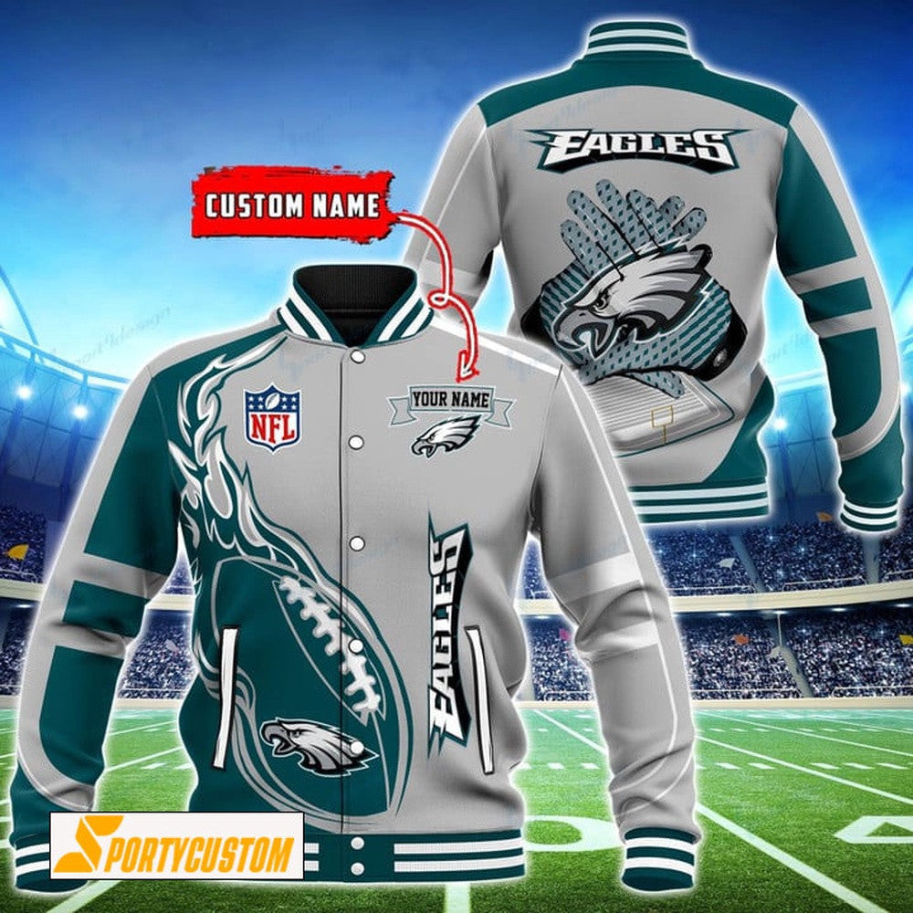 Philadelphia Eagles Fireball Custom Name Baseball Jacket Varsity Jacket - Silver - All-Over-Printed Jacket