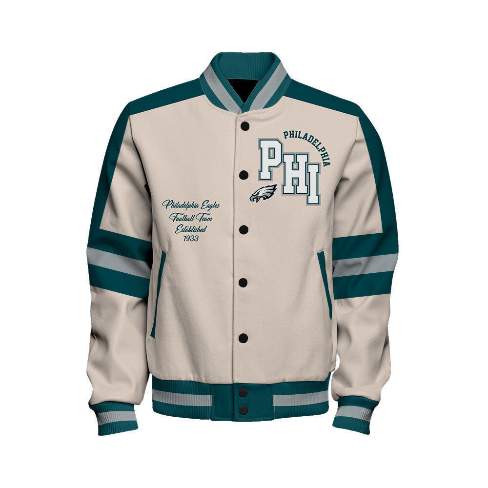 Philadelphia Eagles Football Team 2024 -25 Feel The Power Unisex Varsity Jacket - All-Over-Printed Jacket