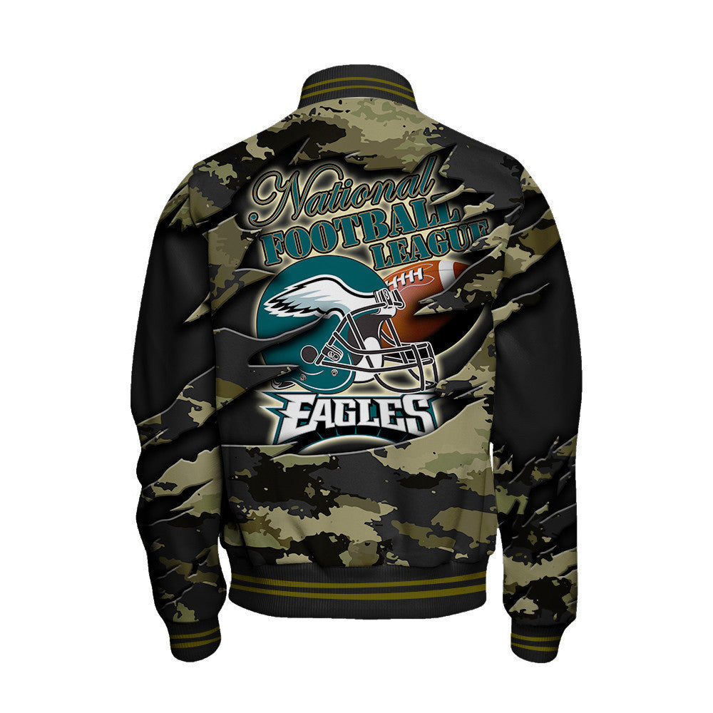 Philadelphia Eagles Black Camo Pattern National Football League Varsity Jacket - All-Over-Printed Jacket