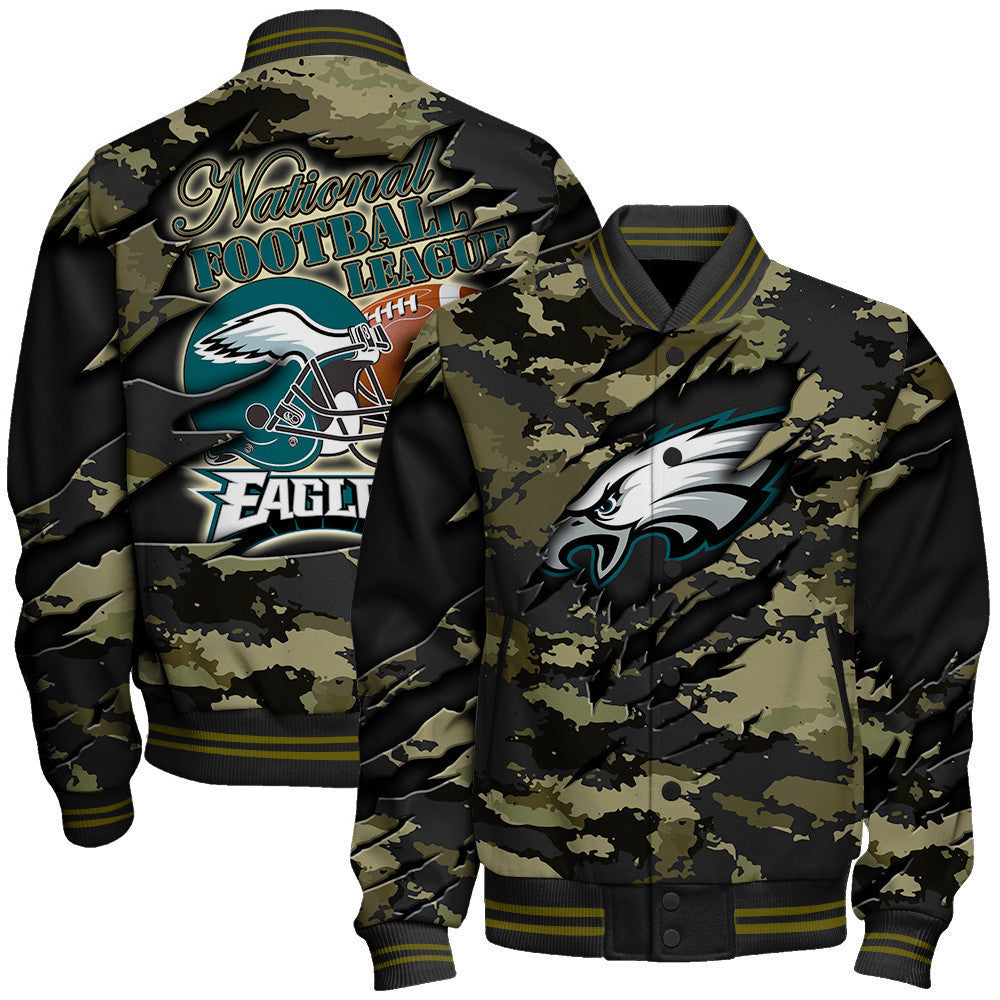 Philadelphia Eagles Black Camo Pattern National Football League Varsity Jacket - All-Over-Printed Jacket