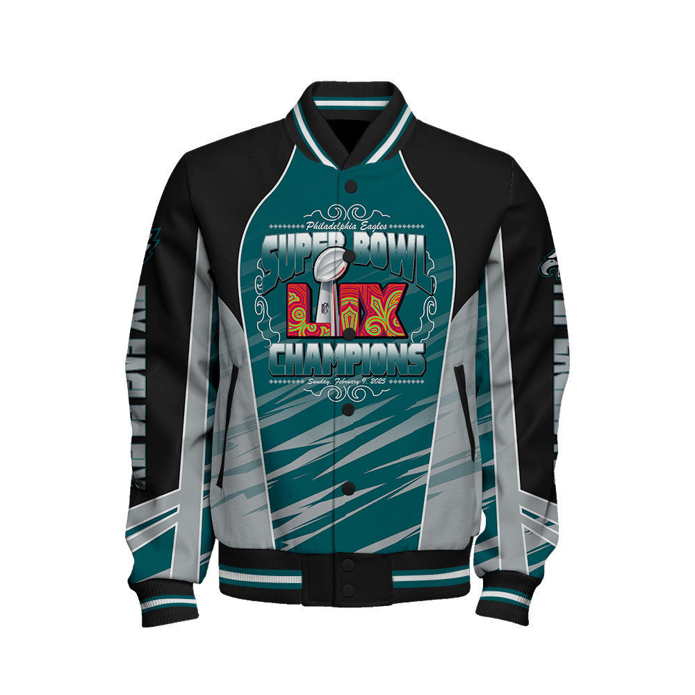 Philadelphia Eagles Super Bowl LIX Champions Clutch Moments Varsity Jacket - All-Over-Printed Jacket