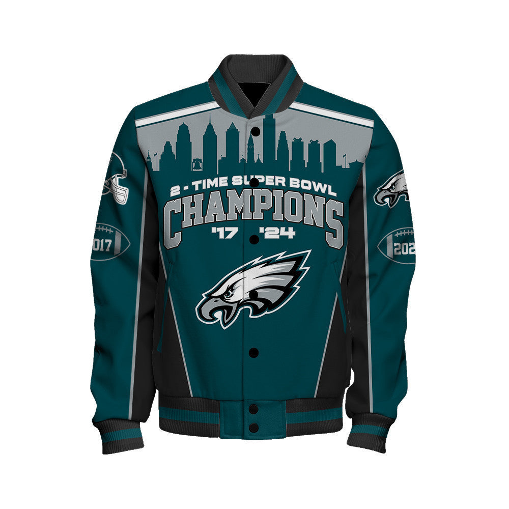 Philadelphia Eagles Super Bowl LIX Champions Crown Belongs To The Eagles Varsity Jacket - All-Over-Printed Jacket