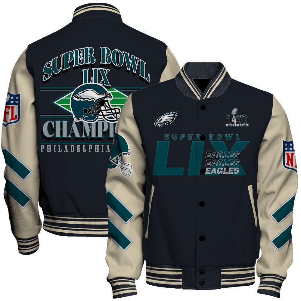 Philadelphia Eagles Super Bowl LIX Champions A Historic Win Varsity Jacket - All-Over-Printed Jacket