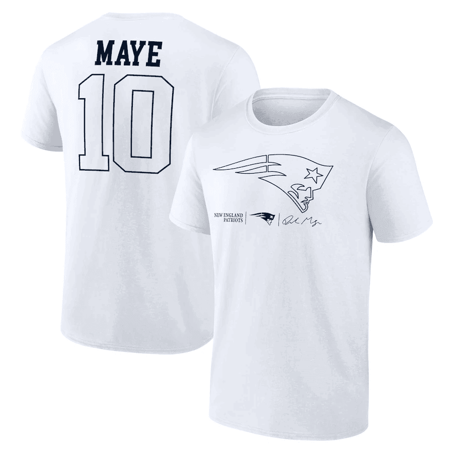 New England Patriots Drake Maye 10 Customized T-Shirt – Front Logo Print – White