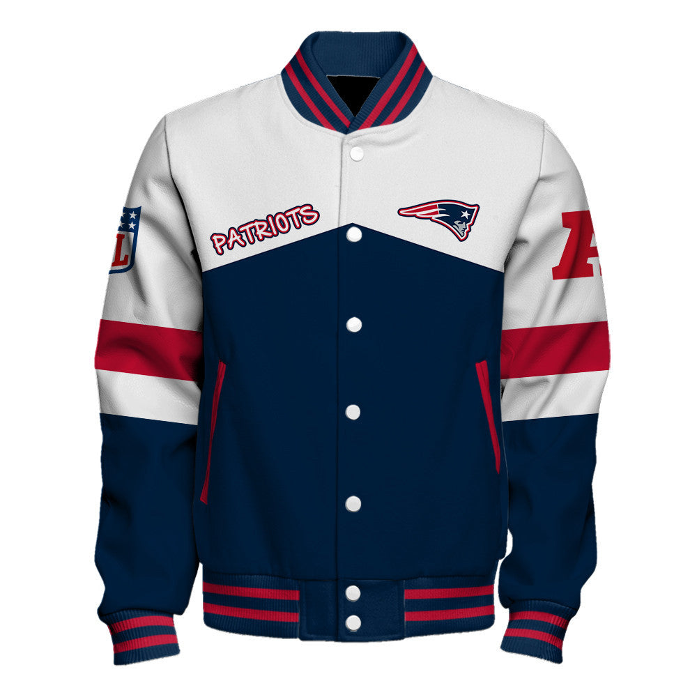 New England Patriots Unique Double-Striped Cuff, Retro Style Varsity Jacket