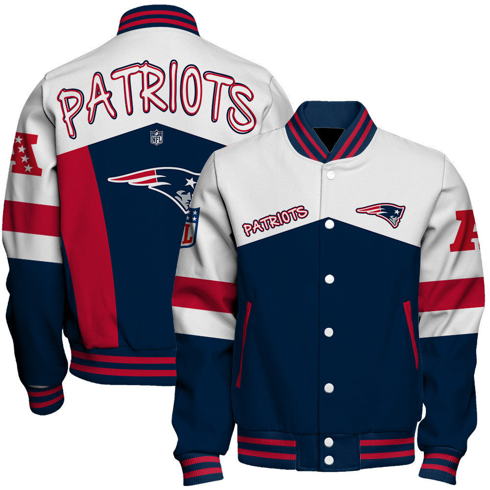 New England Patriots Unique Double-Striped Cuff, Retro Style Varsity Jacket