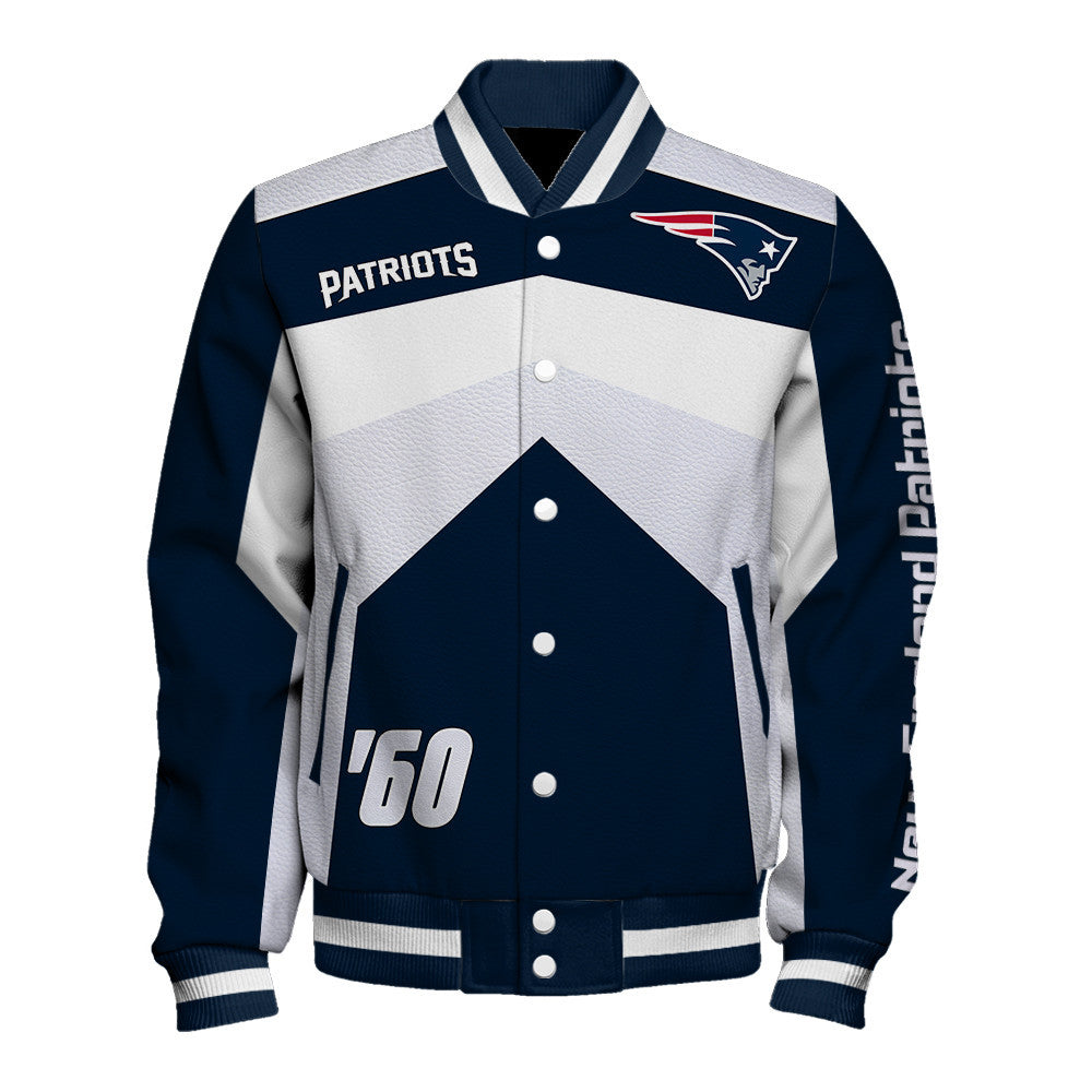 New England Patriots Striped Collar & Highly Unique Vertical Lettering on Sleeves Varsity Jacket