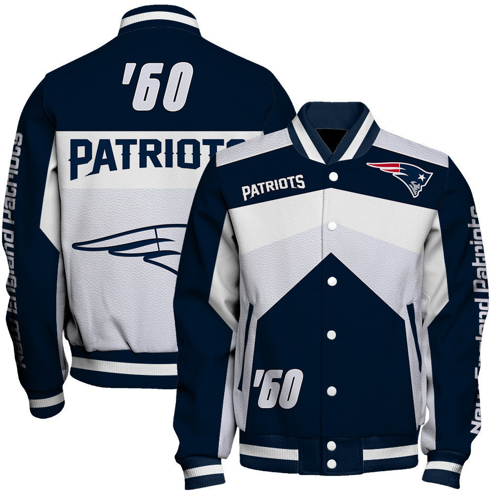 New England Patriots Striped Collar & Highly Unique Vertical Lettering on Sleeves Varsity Jacket