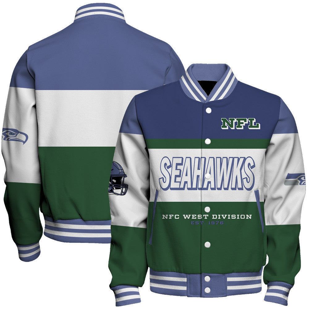 Seattle Seahawks Three-Striped Contrast Color Design Varsity Jacket