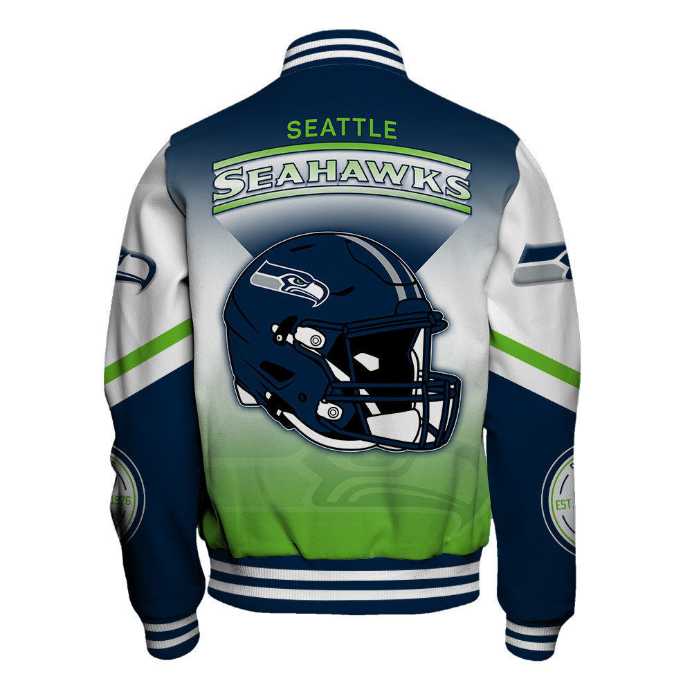 Seattle Seahawks Large Helmet Graphic and Bold Classic Team Logo Design Varsity Jacket
