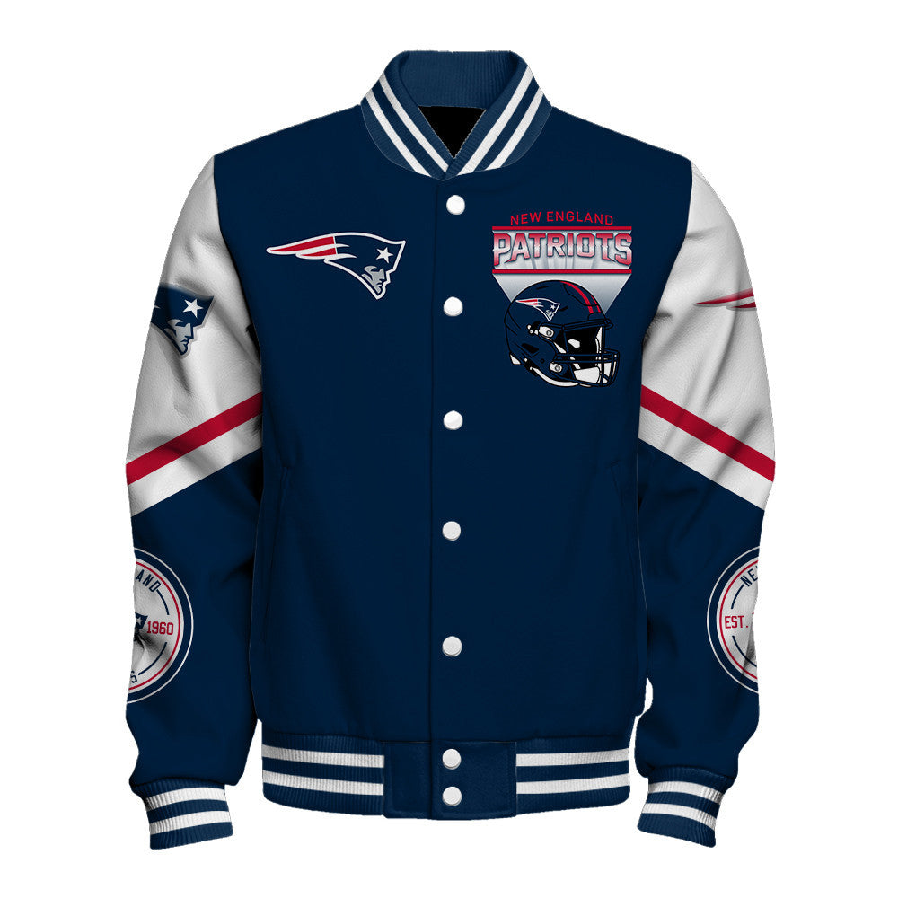 New England Patriots Large Helmet Graphic and Bold Classic Team Logo Design Varsity Jacket