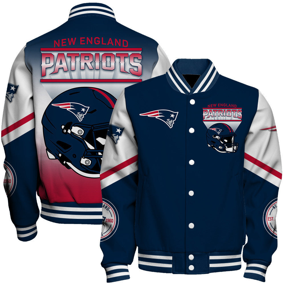 New England Patriots Large Helmet Graphic and Bold Classic Team Logo Design Varsity Jacket