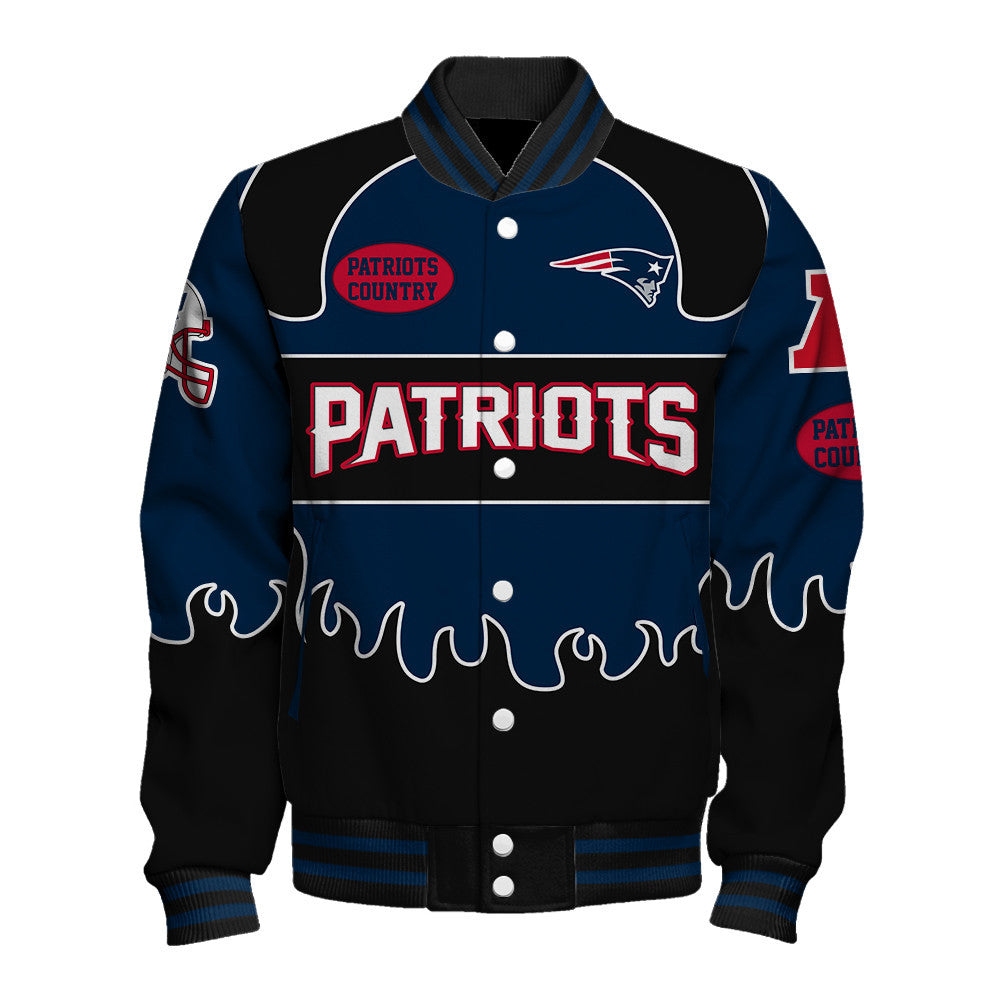 New England Patriots Striking Flame Pattern and Large Prominent Logo Varsity Jacket