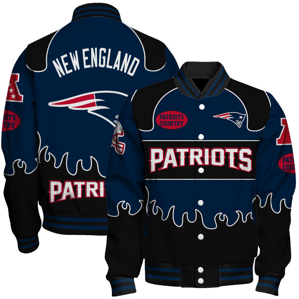 New England Patriots Striking Flame Pattern and Large Prominent Logo Varsity Jacket
