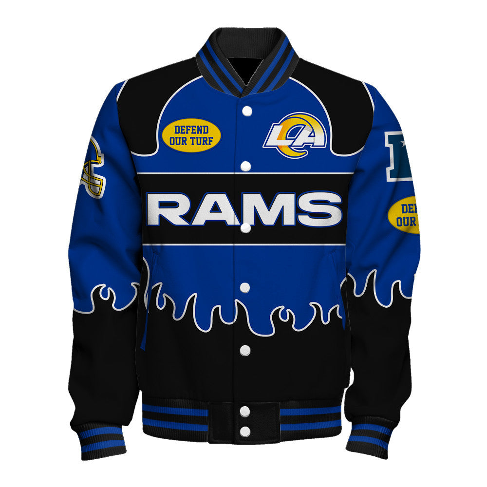 Los Angeles Rams Striking Flame Pattern and Large Prominent Logo Varsity Jacket