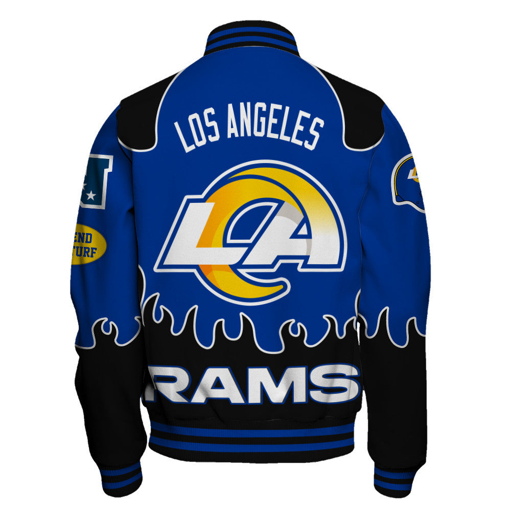 Los Angeles Rams Striking Flame Pattern and Large Prominent Logo Varsity Jacket
