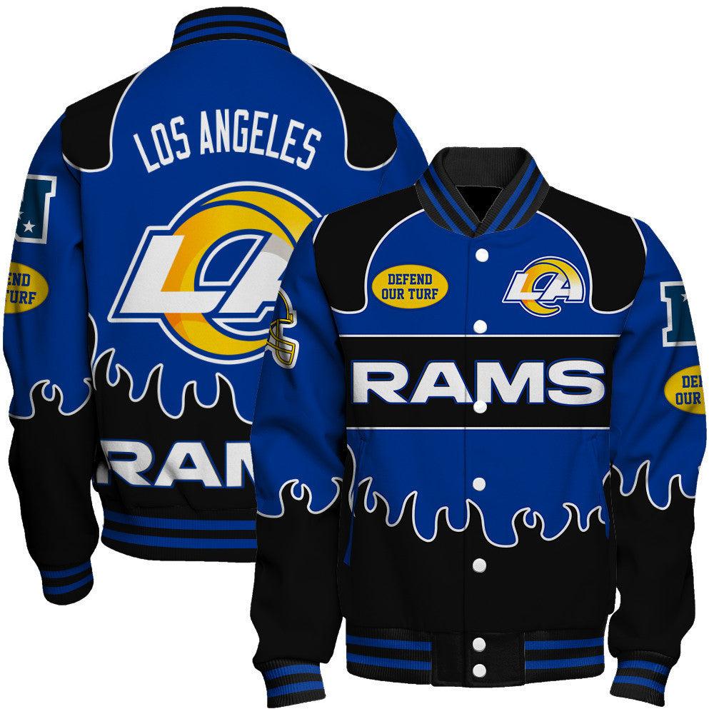 Los Angeles Rams Striking Flame Pattern and Large Prominent Logo Varsity Jacket