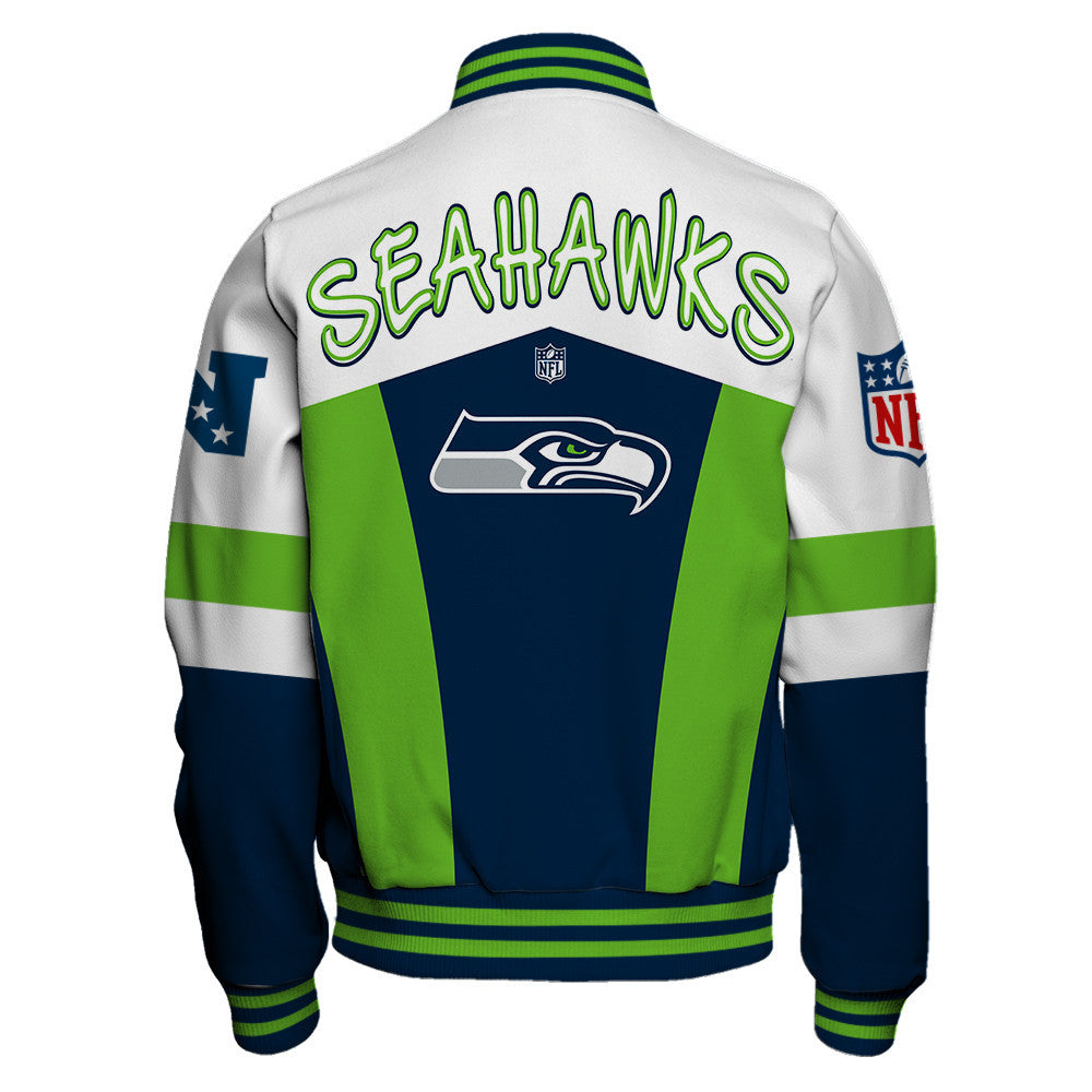 Seattle Seahawks Unique Double-Striped Cuff, Retro Style Varsity Jacket