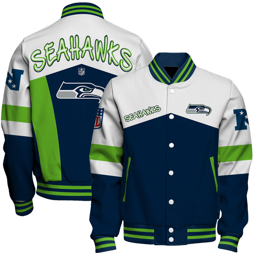 Seattle Seahawks Unique Double-Striped Cuff, Retro Style Varsity Jacket
