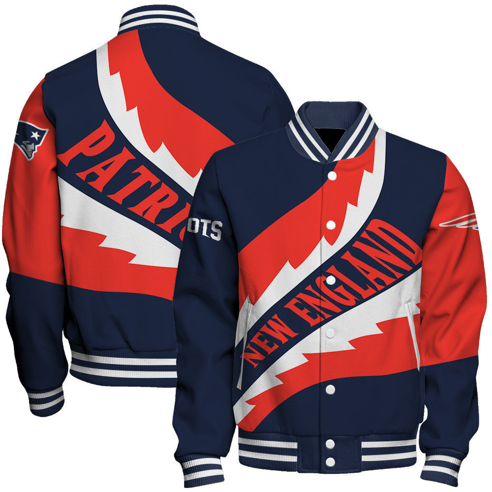 NFL New England Patriots Saw Blade Pattern Football Fan Style Varsity Jacket