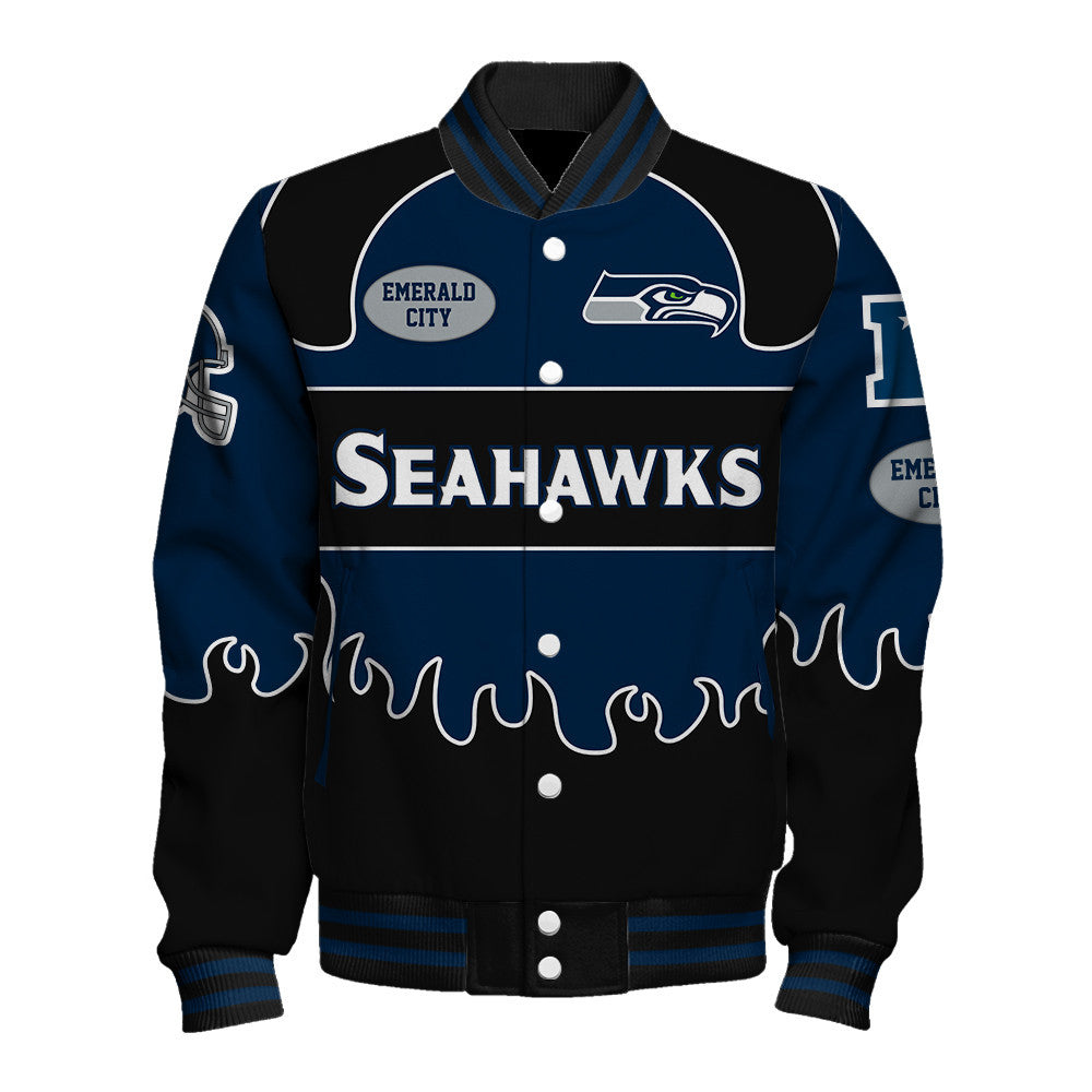 Seattle Seahawks Striking Flame Pattern and Large Prominent Logo Varsity Jacket