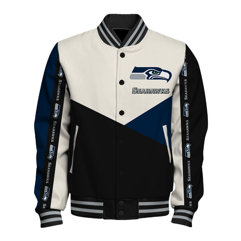 Seattle Seahawks Striped Cuffs & Logo Details Down the Sleeves Varsity Jacket